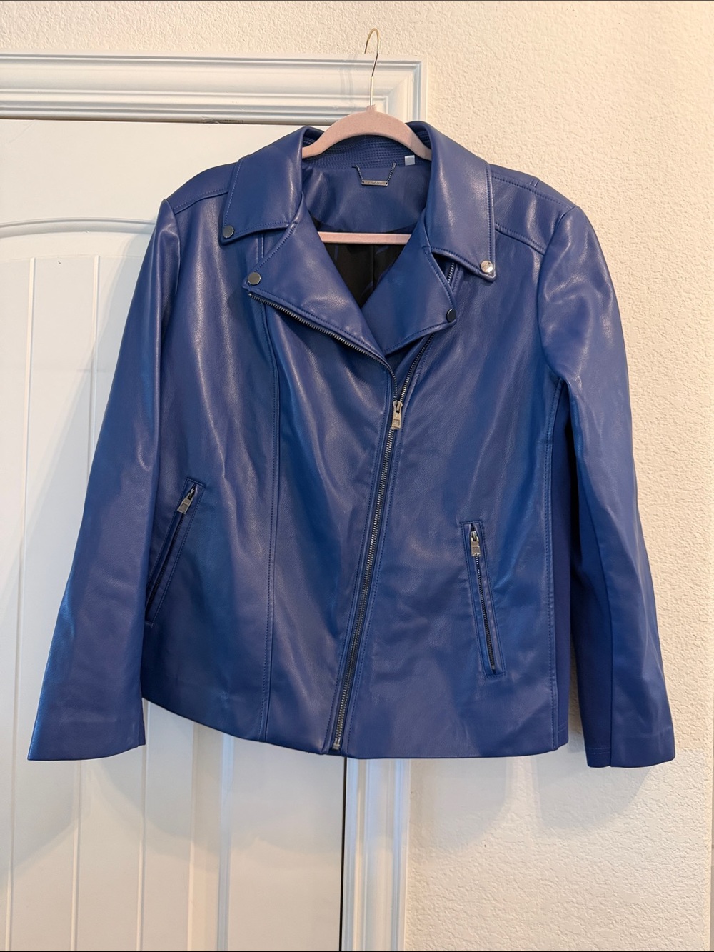 CHICOS Navy Blue Faux Leather Moto Jacket, Sz 14 NWOT